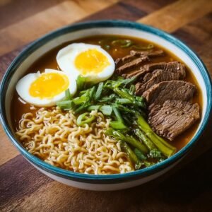 Gros plan d'un bol de ramen haute protéine avec nouilles, tranches de bœuf, œuf à la coque et oignons verts.