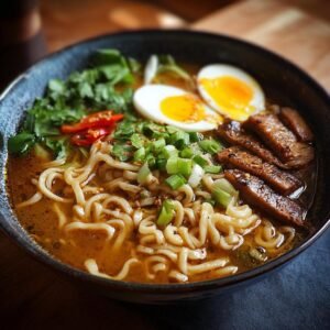 Ramen Haute Protéine Gordon Ramsay : 1 délice 5 Bol de ramen haute protéine Gordon Ramsay avec nouilles, œuf mollet, tranches de viande et oignons verts.