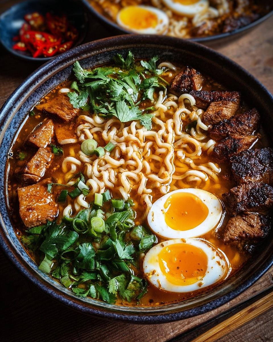 Bol de ramen haute protéine Gordon Ramsay avec nouilles, morceaux de viande, œufs mollets et coriandre.