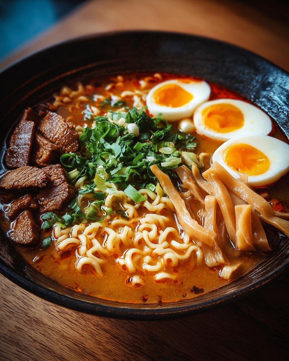 Un bol de ramen haute protéine Gordon Ramsay avec des nouilles, du bœuf, des œufs mollets et des pousses de bambou.
