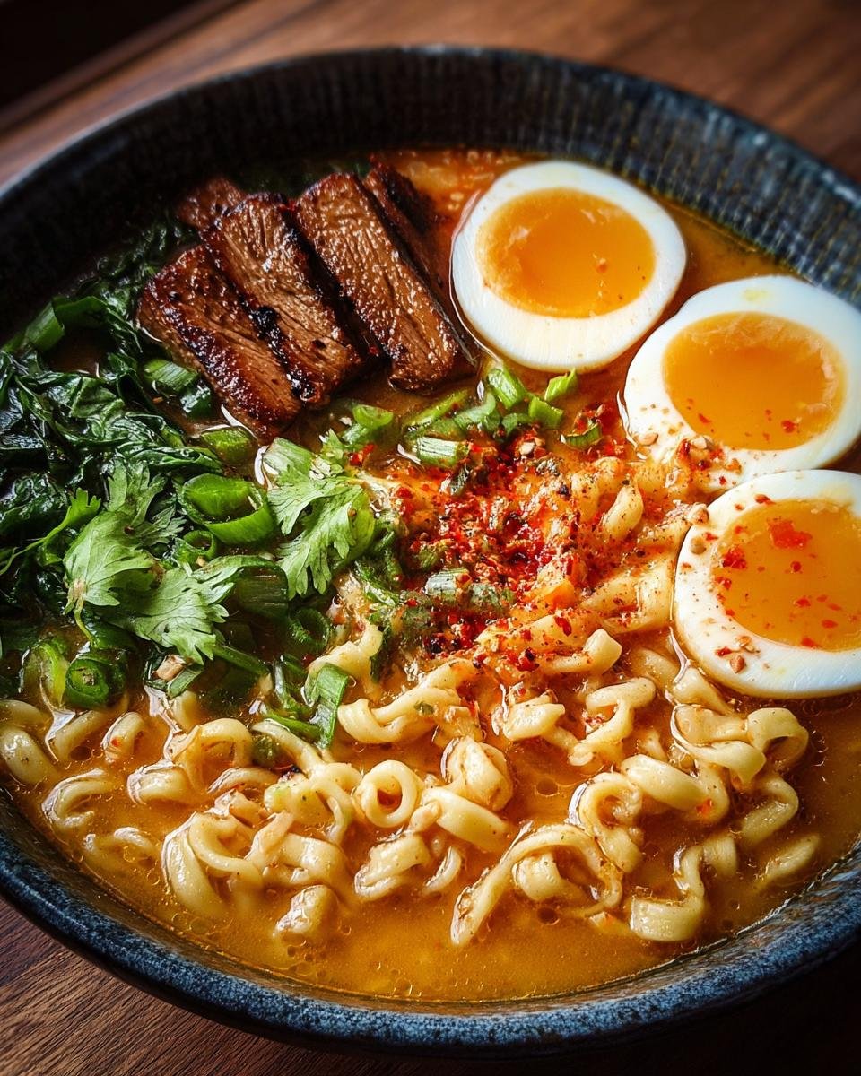 Bol de ramen haute protéine Gordon Ramsay avec tranches de bœuf, œuf mollet et herbes fraîches.