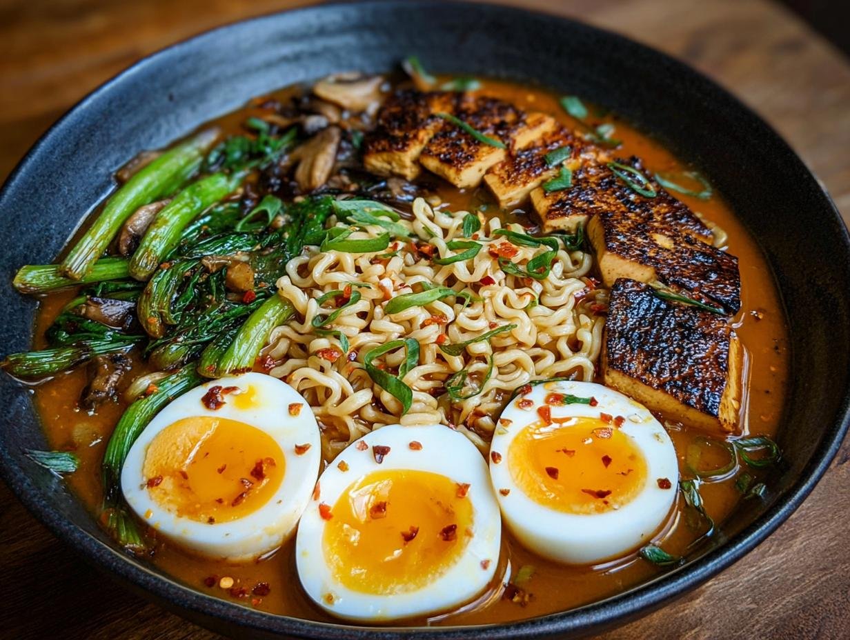 Bol de ramen au miel et à l'ail avec œufs mollets, tofu grillé et légumes verts.