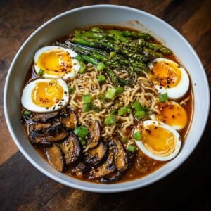 Un bol de ramen au miel et à l'ail garni d'œufs mollets, de champignons sautés et d'asperges vertes.