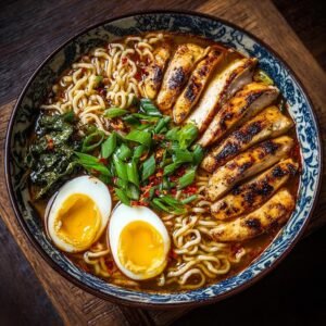 Un bol de ramen au poulet grillé, garni d'œufs mollets, d'oignons verts et de flocons de piment.