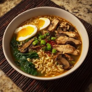Bol de ramen au poulet et champignons, garni d'œufs mollets, d'épinards et d'oignons verts.