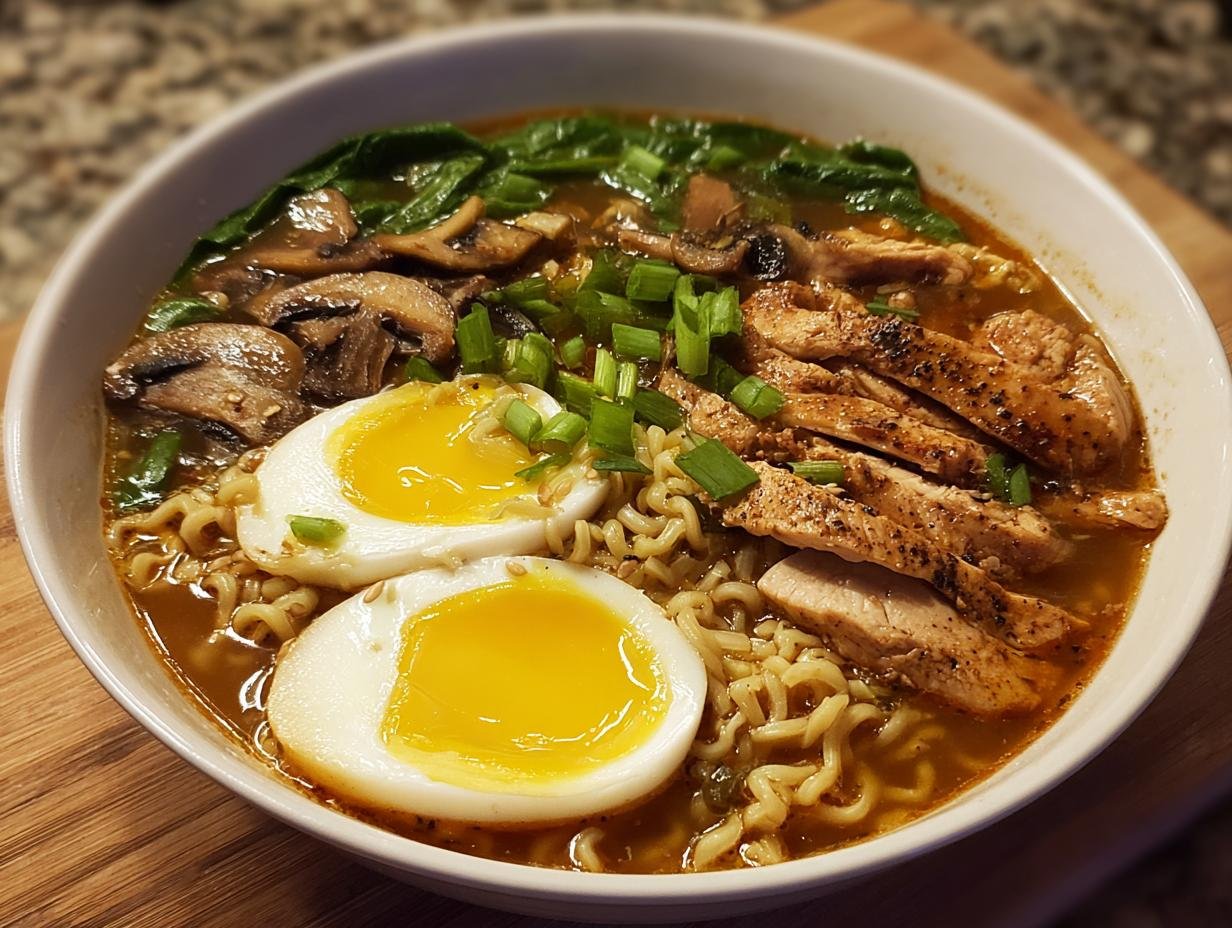 Bol de ramen au poulet et champignons avec œufs mollets et ciboule.