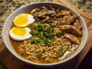 Un bol de ramen au poulet et champignons avec des œufs mollets et des oignons verts.