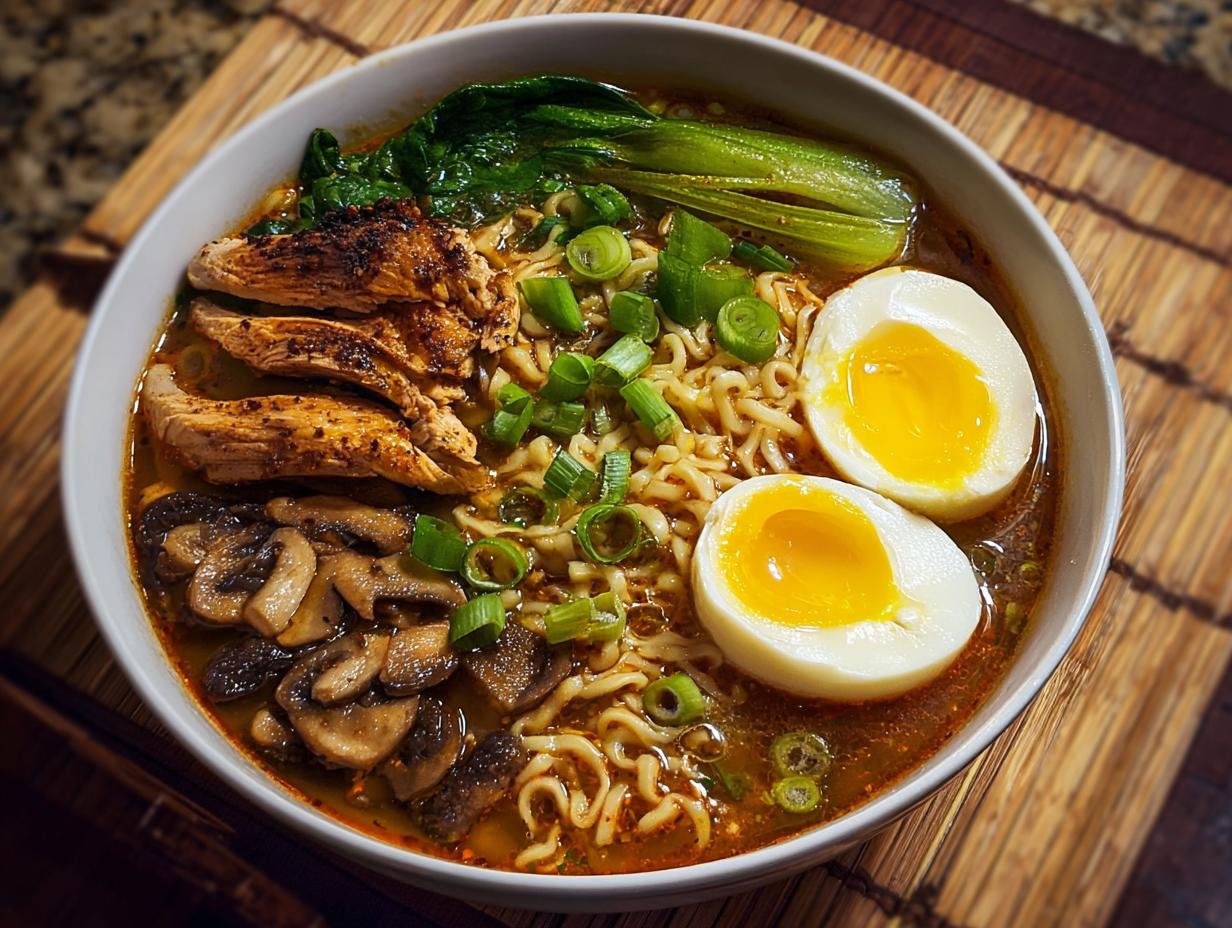 Bol de ramen au poulet et champignons, garni d'œufs mollets et de ciboule.
