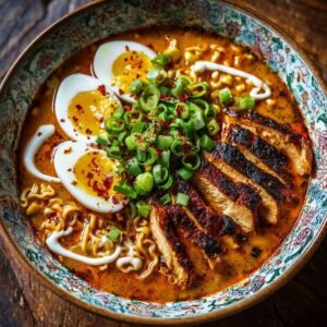 Bol de Ramen de Poulet Épicé avec œufs mollets, poulet grillé et oignons verts.