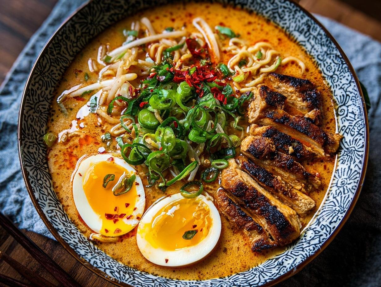 Gros plan d'un bol de Ramen de Poulet Épicé avec des nouilles, du poulet grillé, un œuf mollet et des oignons verts.