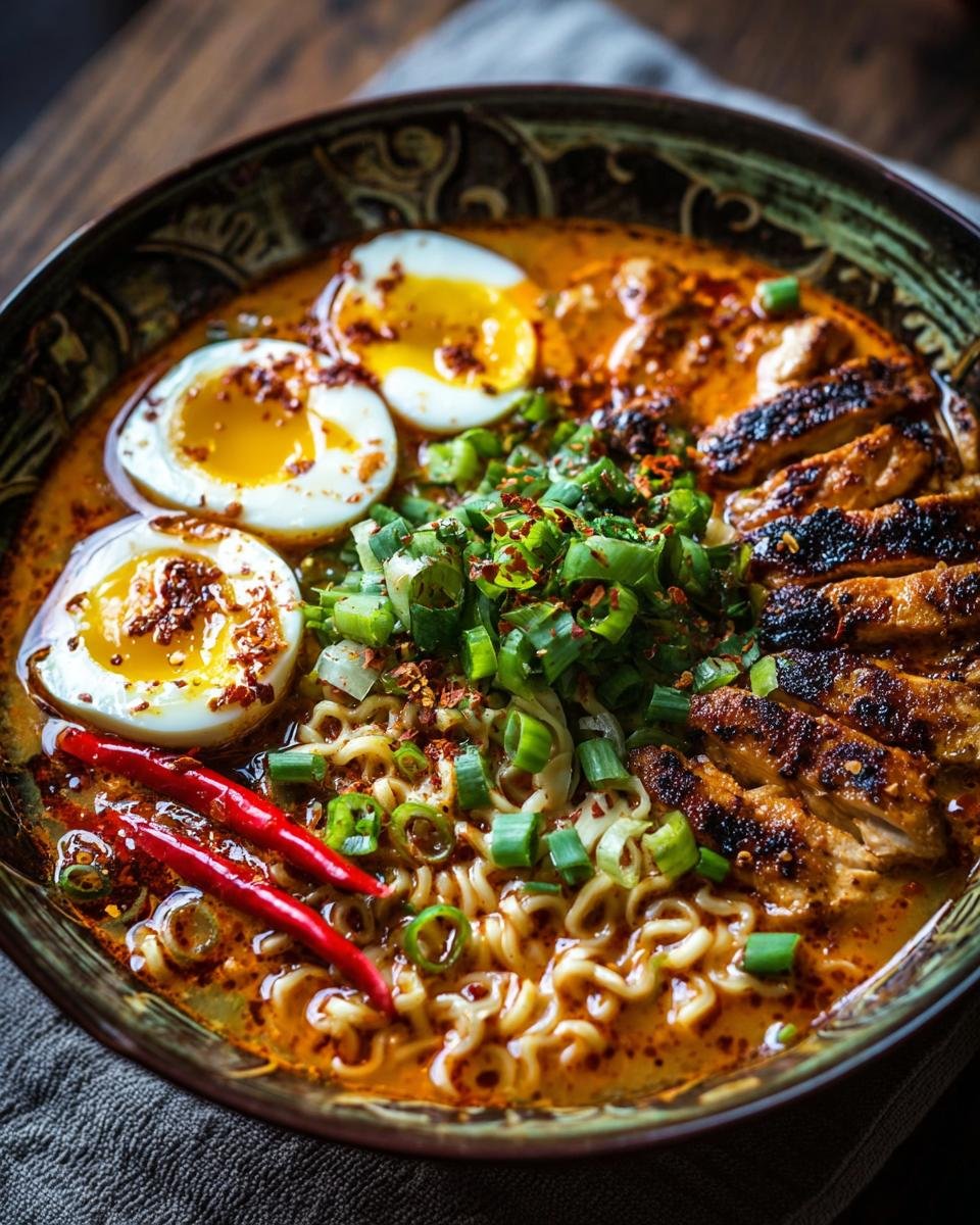 Gros plan sur un bol de Ramen de Poulet Épicé avec des œufs mollets, du poulet grillé et des piments.