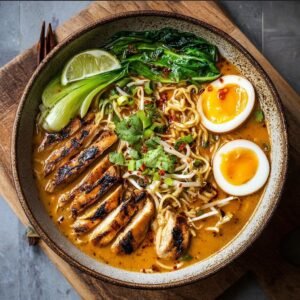 Bol de Ramen au Poulet Miso Cacahuètes avec poulet grillé, œufs mollets et bok choy.