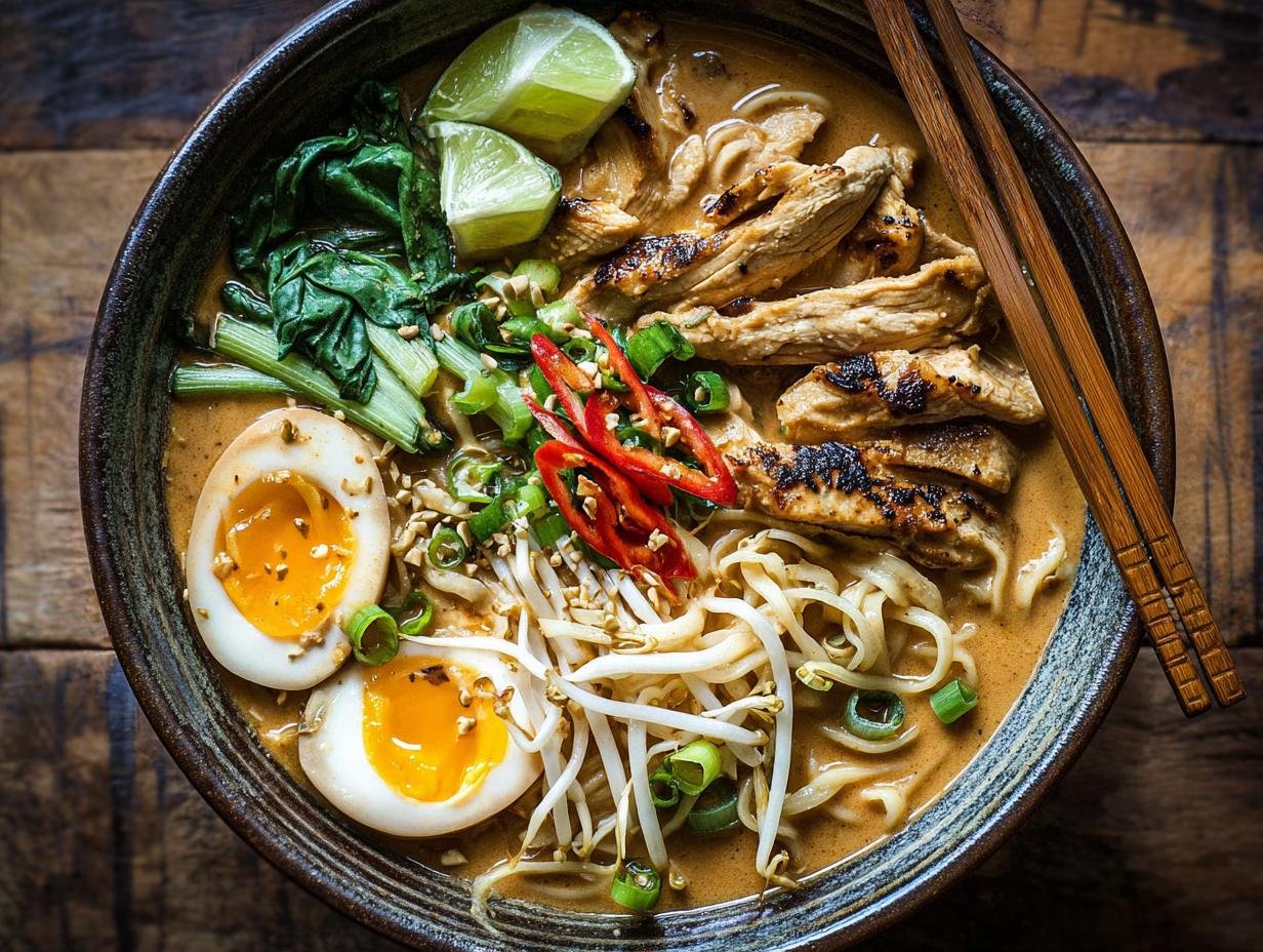 Un bol de Ramen au Poulet Miso Cacahuètes avec poulet grillé, œuf mollet, nouilles et légumes.