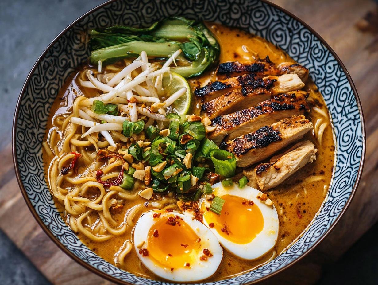 Gros plan sur un bol de Ramen au Poulet Miso Cacahuètes avec poulet grillé, œuf mollet, nouilles et légumes.