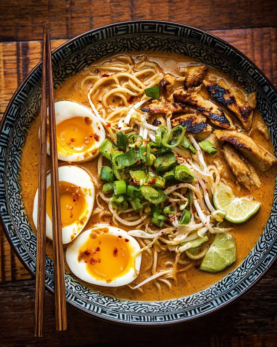 Gros plan d'un bol de Ramen au Poulet Miso Cacahuètes avec des œufs mollets, du poulet grillé et des germes.