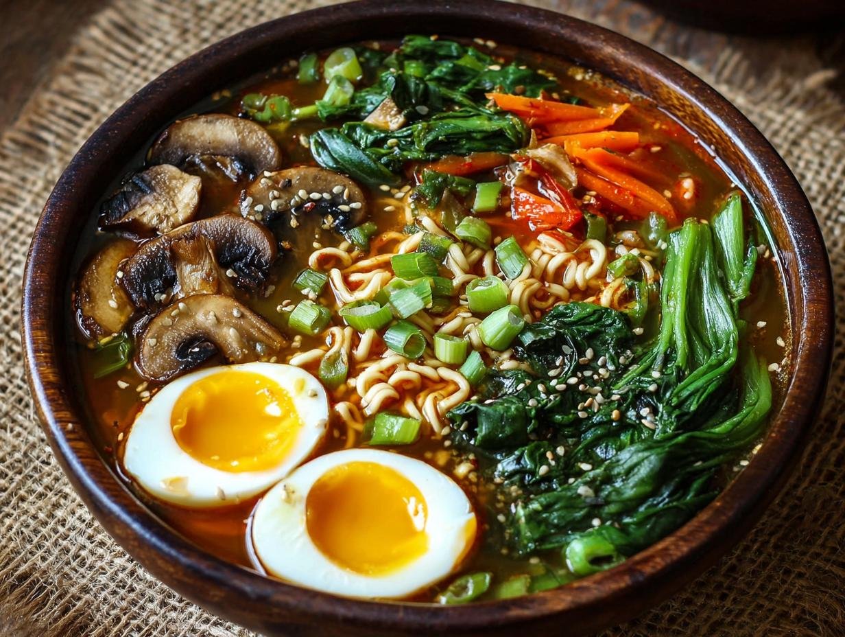 Bol de ramen végétarien haute protéine avec des nouilles, des champignons, des légumes verts, des carottes et des œufs coupés en deux.
