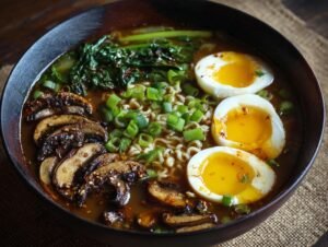 Ramen Végétarien Haute Protéine : 4 Boosts Savoureux Gros plan d'un bol de ramen végétarien haute protéine avec des œufs mollets, des champignons shiitake et des légumes verts.