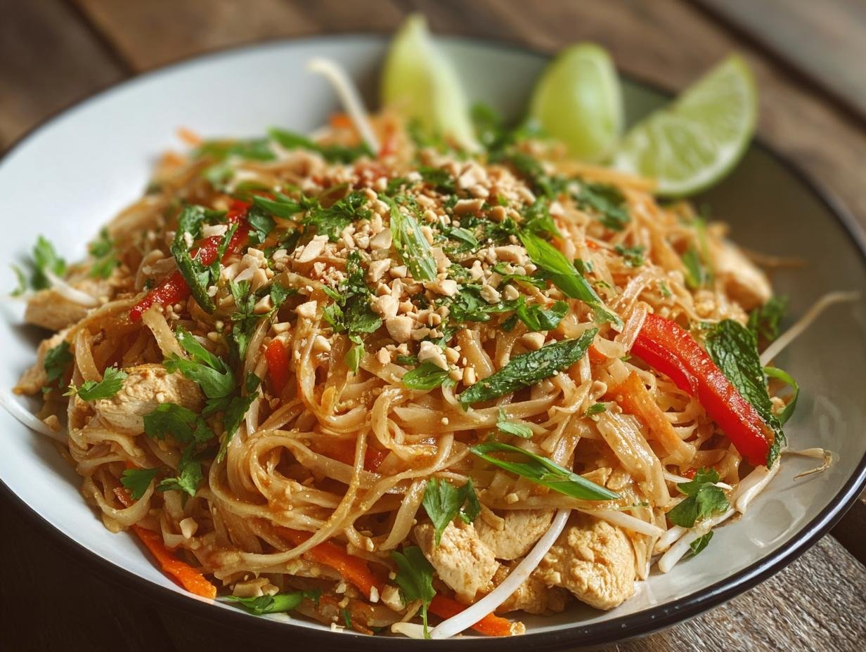 Gros plan d'une recette saine de Pad Thaï au poulet avec nouilles, légumes, cacahuètes et quartiers de citron vert.