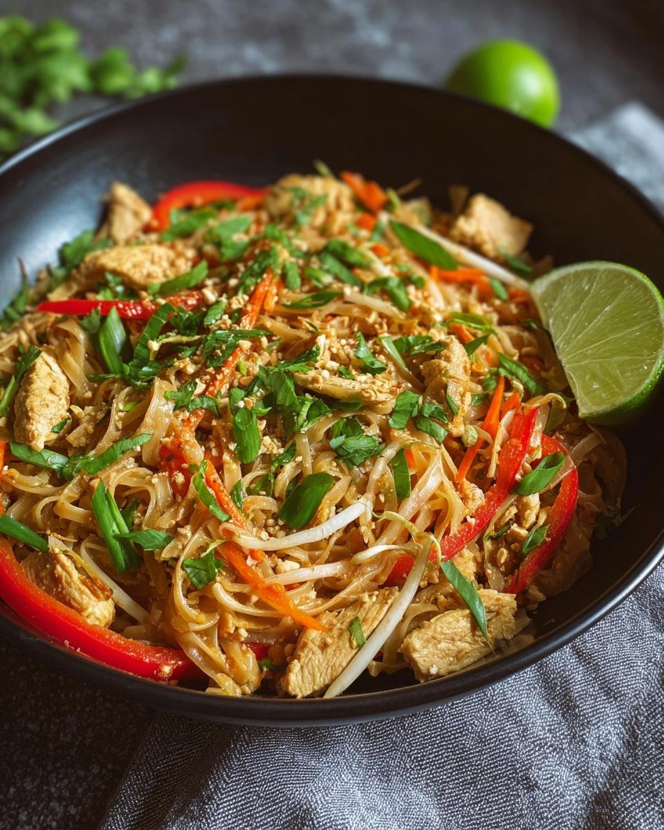 Gros plan d'une recette saine de Pad Thaï au poulet, garnie de cacahuètes et de coriandre.