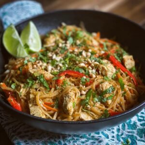Gros plan d'une recette saine de Pad Thaï au poulet avec des nouilles, des légumes et des cacahuètes.