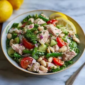 Salade Thon Haricots Blancs : 3 saveurs incroyables 6 Gros plan d'une salade de thon et haricots blancs avec tomates, concombre, haricots verts et oignon rouge, garnie d'aneth.