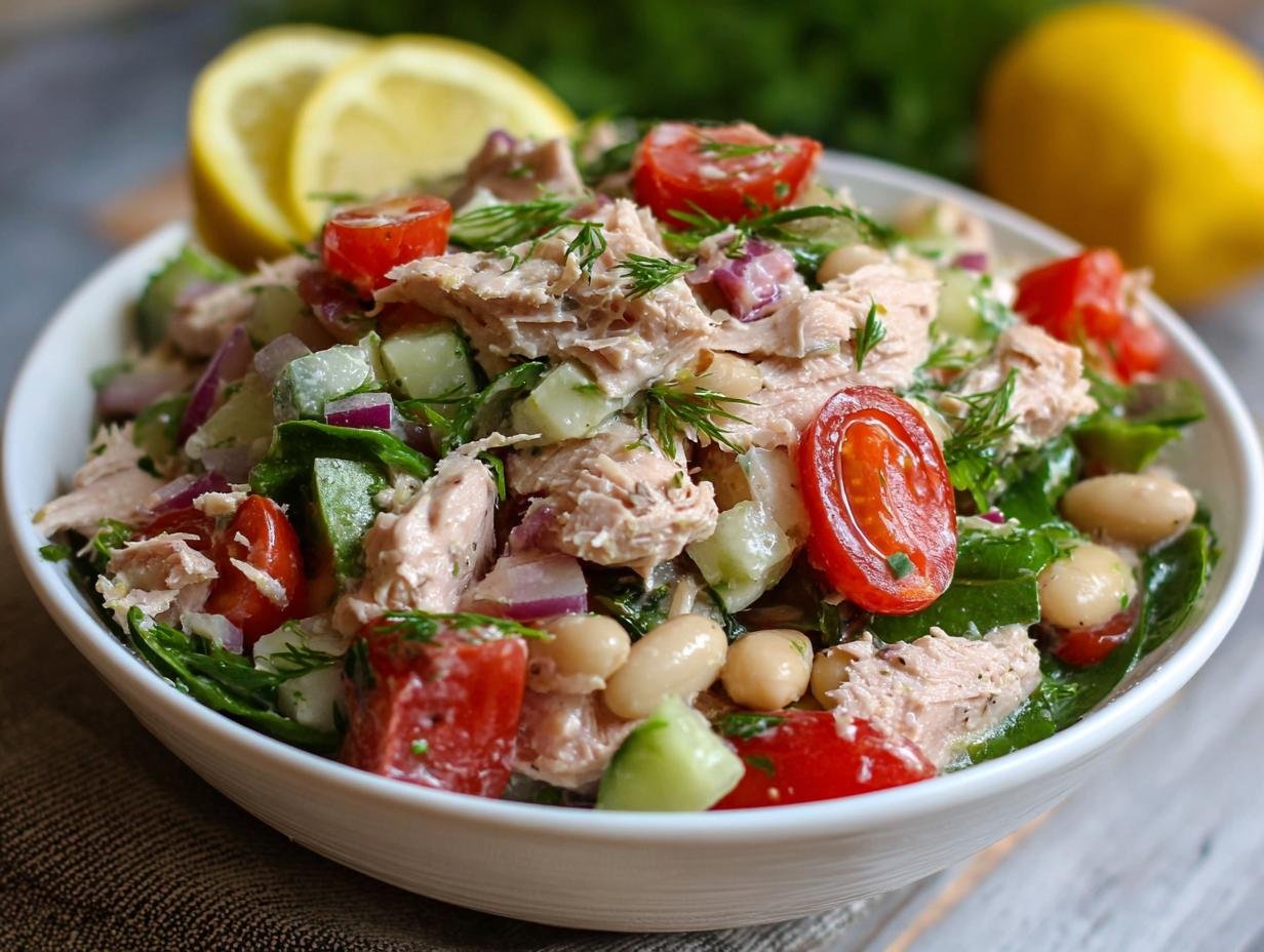 Salade de thon et haricots blancs avec tomates cerises, concombre, oignon rouge et herbes fraîches.