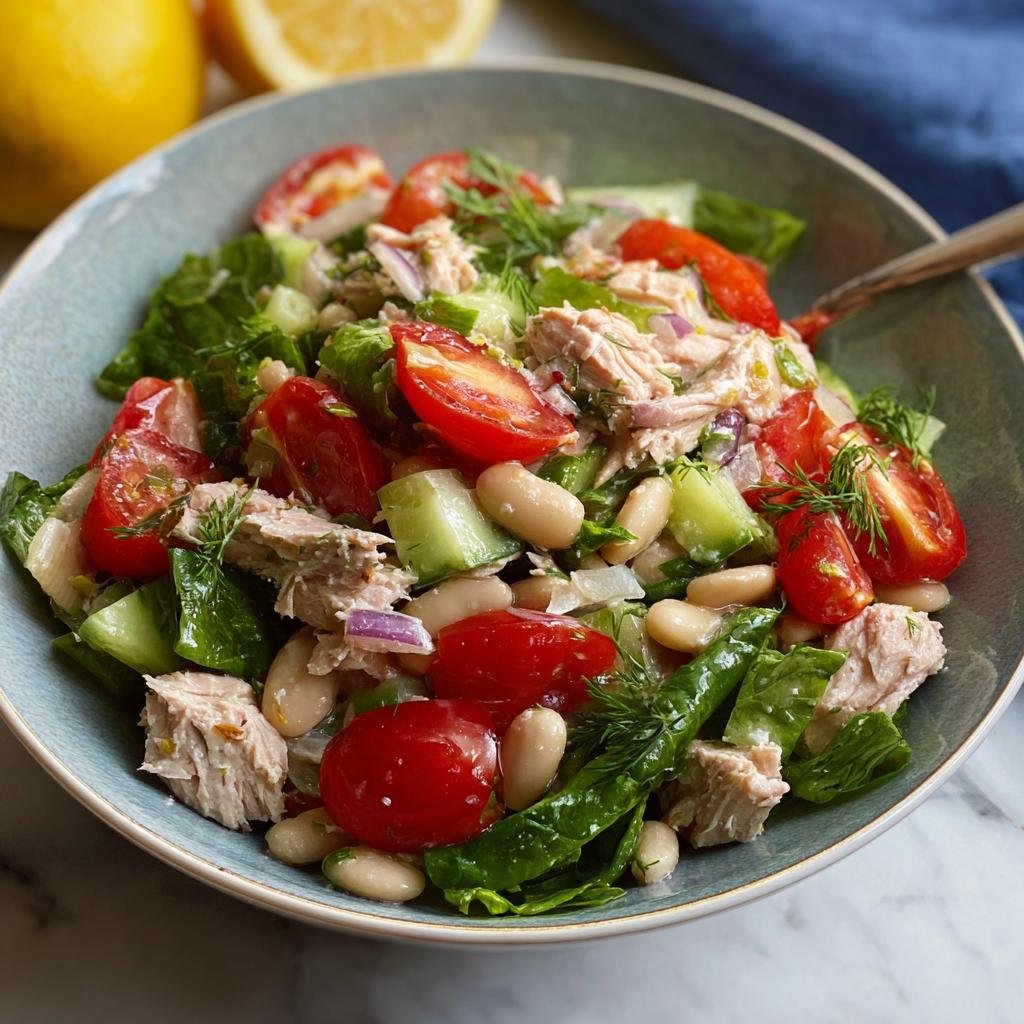 Salade de thon et haricots blancs avec tomates cerises, concombre, oignon rouge et aneth dans un bol bleu.
