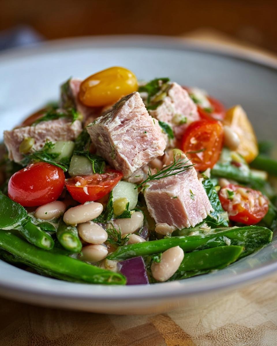 Gros plan d'une salade de thon et haricots blancs avec tomates cerises, concombre et haricots verts.