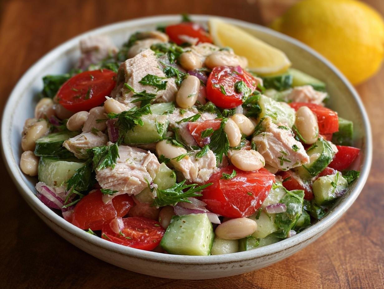 Gros plan d'une salade de thon et haricots blancs avec tomates cerises, concombre et persil frais.