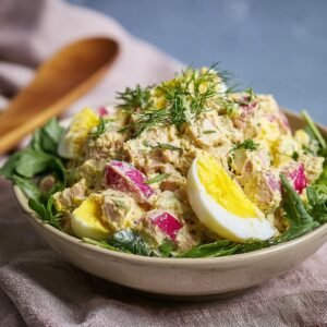 Salade de Thon et Œufs : 3 secrets d'expert 5 Gros plan d'une salade de thon et œufs crémeuse garnie d'aneth et de radis.