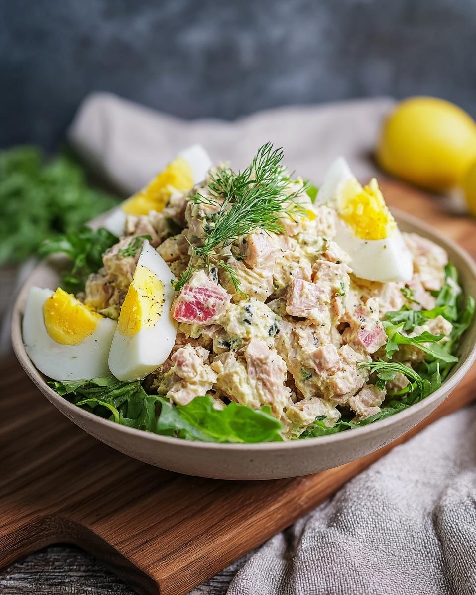Gros plan d'une salade de thon et œufs crémeuse servie dans un bol, garnie d'œufs durs et d'aneth frais.