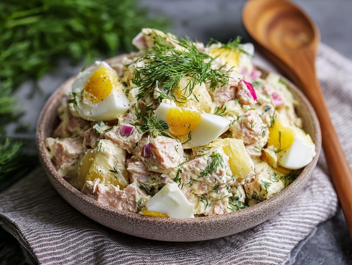 Salade de thon et œufs crémeuse garnie d'œufs durs coupés en quartiers et d'aneth frais.