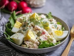 Gros plan d'une salade de thon et œufs crémeuse garnie d'œufs durs coupés et d'aneth.