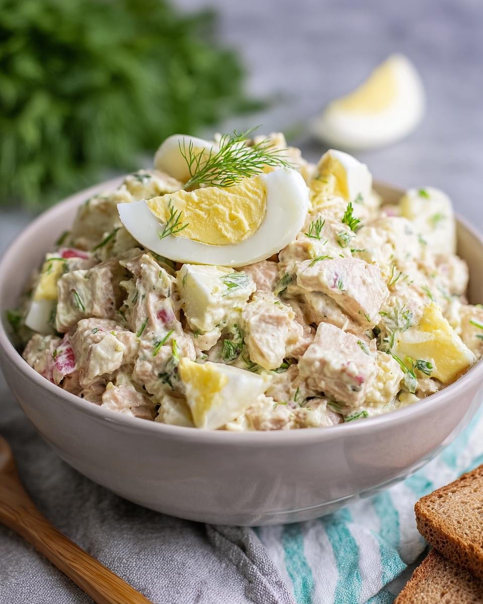 Gros plan d'une salade de thon et œufs crémeuse garnie d'œufs durs et d'aneth.
