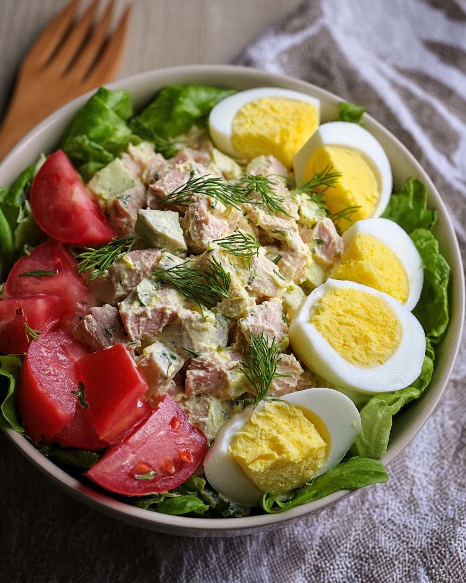 Gros plan d'une salade de thon et œufs garnie de tomates, de laitue et d'aneth.
