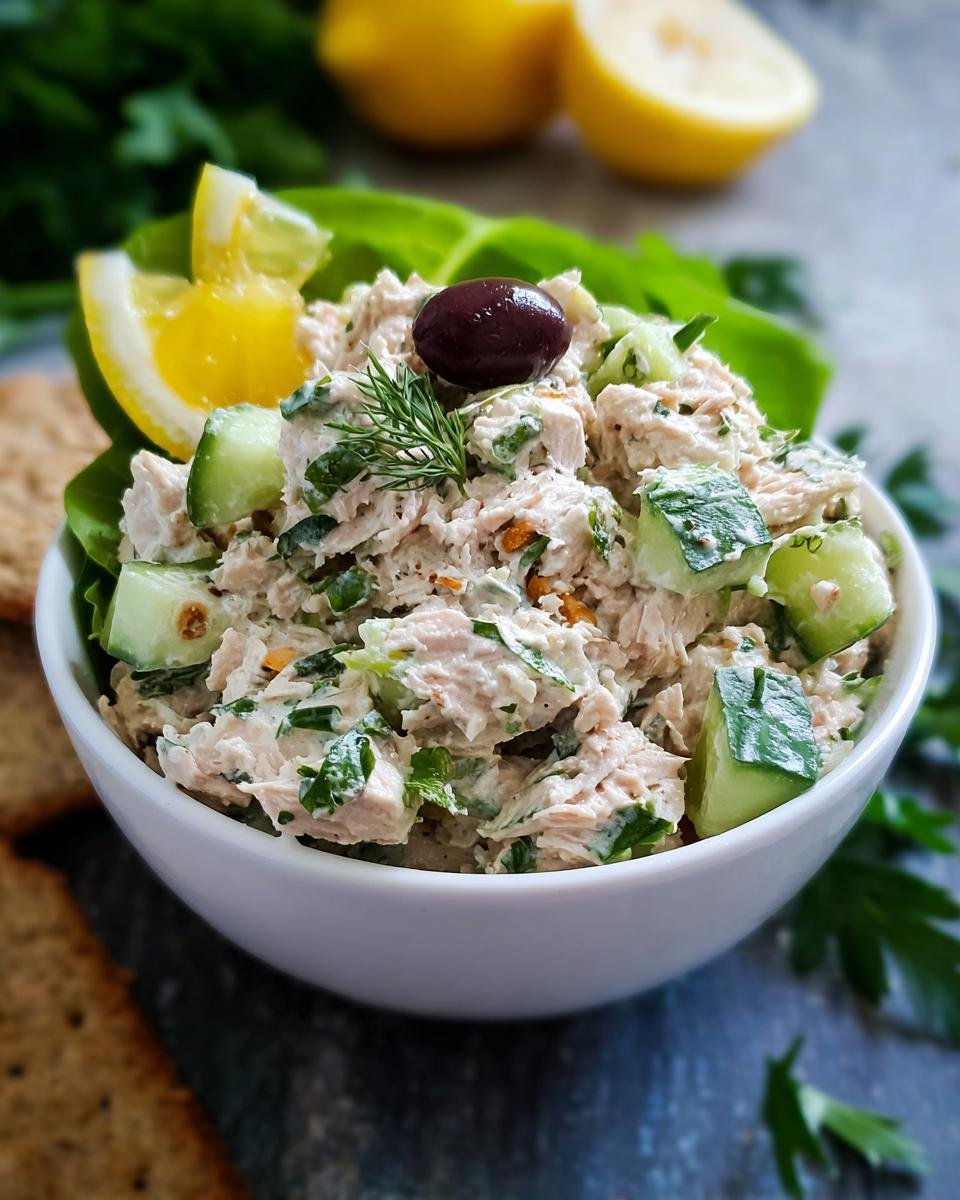 Salade de thon saine dans un bol blanc, garnie d'une olive, de concombre et d'une tranche de citron.