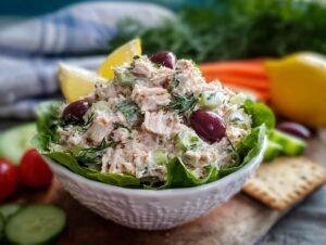 Salade de thon saine : 4 recettes délicieuses Salade de thon saine servie dans un bol avec des olives, du concombre, du citron et des feuilles de laitue.