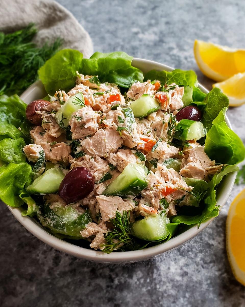 Salade de thon saine garnie de concombre, d'olives et d'aneth, servie sur des feuilles de laitue.