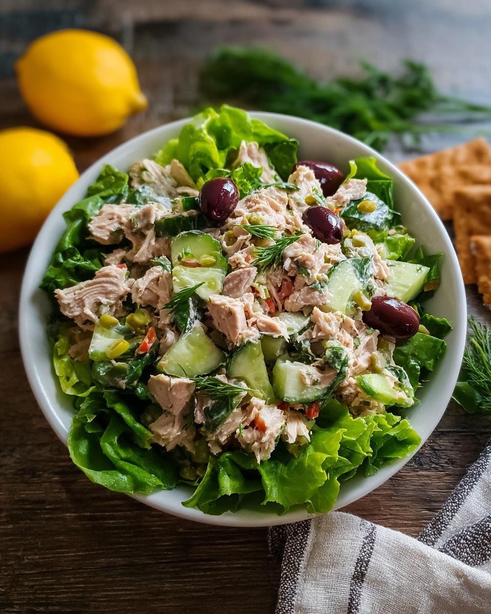 Salade de thon saine garnie de concombre, olives et aneth sur un lit de laitue.