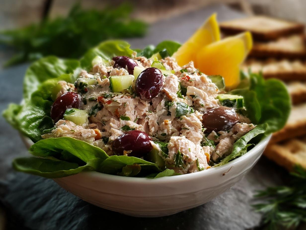 Une salade de thon saine et fraîche servie dans des feuilles de laitue, garnie d'olives et de concombre.