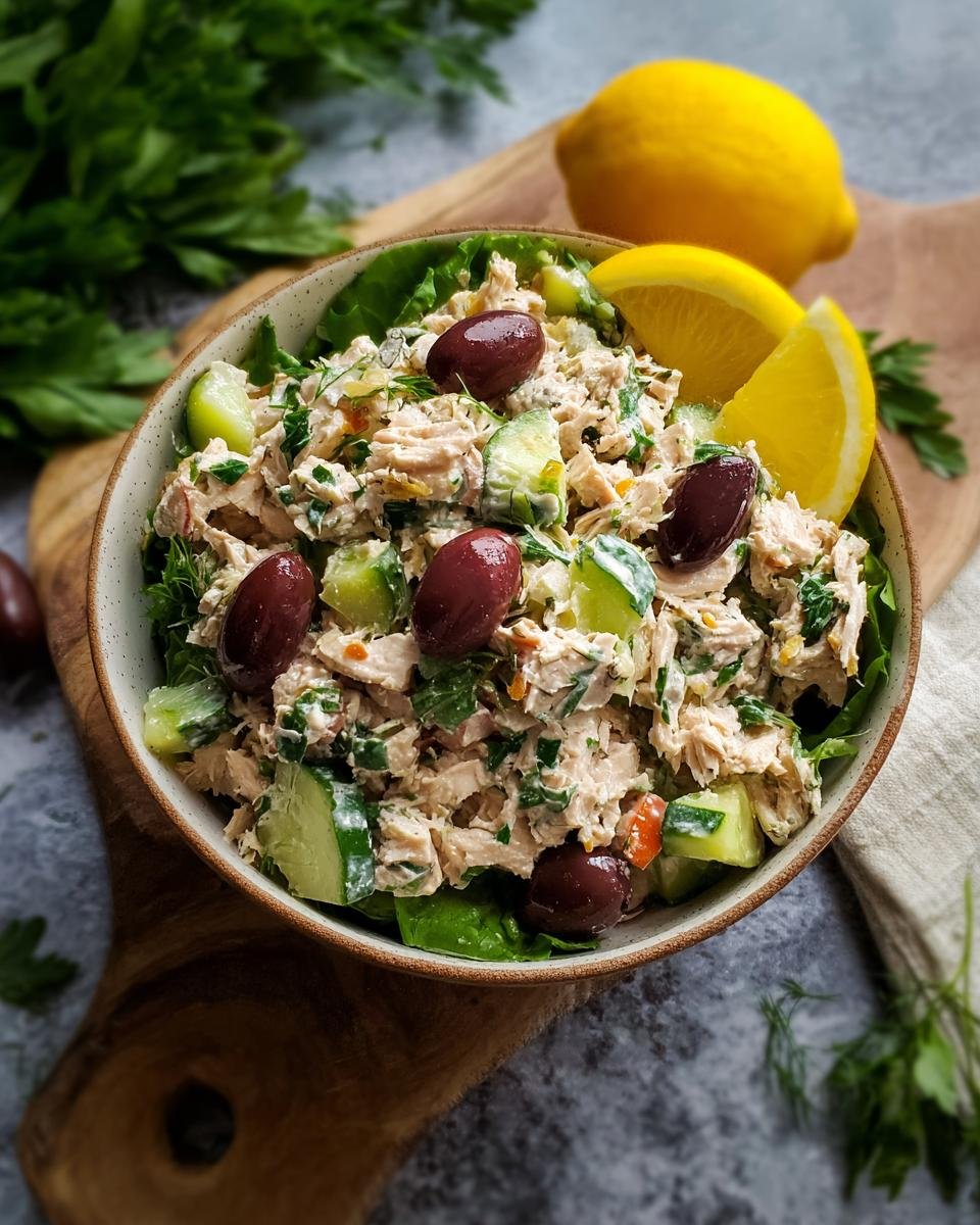 Salade de thon saine garnie d'olives, de concombre et de quartiers de citron.