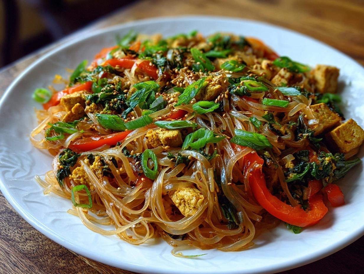 Gros plan d'un sauté de nouilles de riz protéinées avec des morceaux de tofu, des poivrons rouges et des oignons verts.