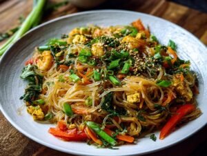 Gros plan d'un sauté de nouilles de riz protéinées avec crevettes, légumes variés et garniture de graines de sésame.