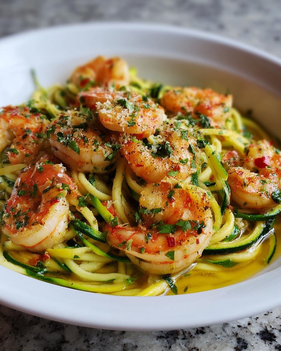 Gros plan de Shrimp Scampi avec Zoodles, garni de persil frais et de parmesan.