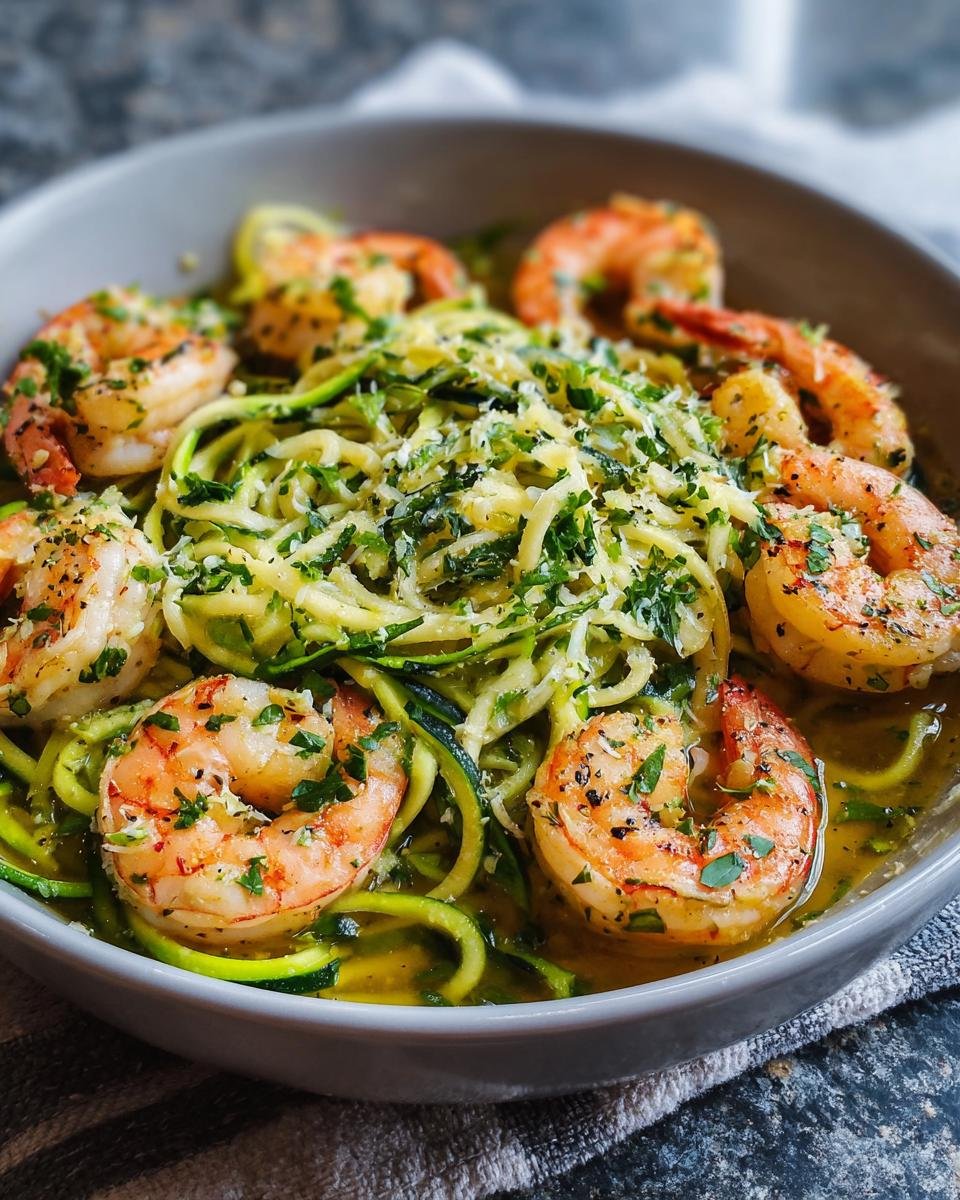 Gros plan de Shrimp Scampi avec Zoodles, garni de persil frais et de parmesan râpé.