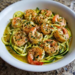 Gros plan de crevettes scampi servies sur des spaghettis de courgettes dans un bol blanc.