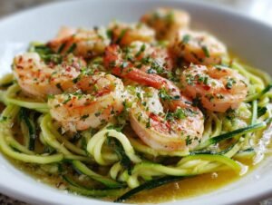 Shrimp Scampi avec Zoodles : 30 min, délice garanti Gros plan sur des crevettes savoureuses servies sur des spaghettis de courgettes (zoodles) avec des herbes fraîches.