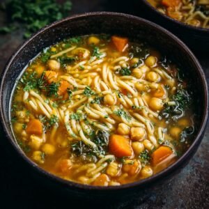 Gros plan d'une soupe aux pois chiches et nouilles vegan, garnie d'herbes fraîches et de carottes.