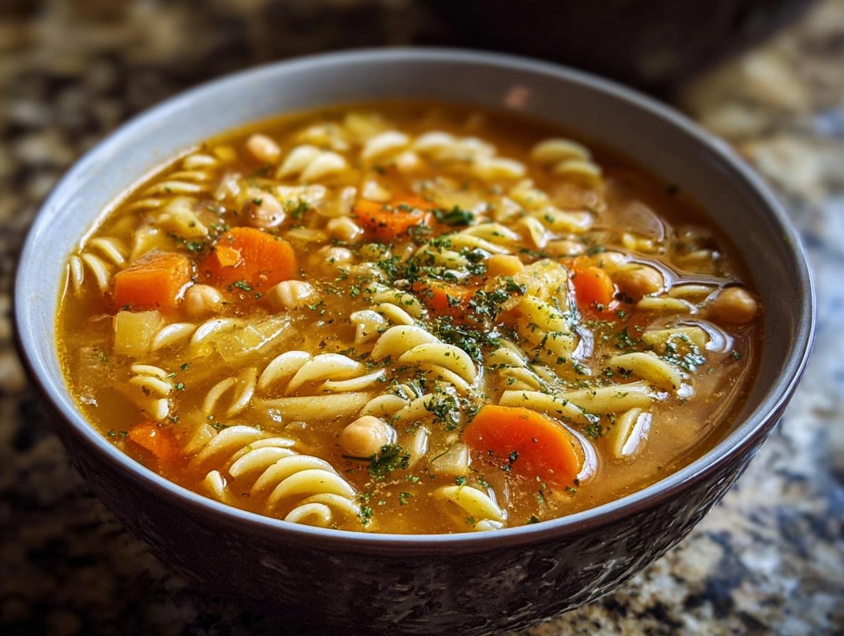 Gros plan d'une soupe aux pois chiches vegan réconfortante avec des pâtes fusilli, des carottes et du persil haché.